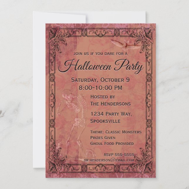 Vintage Skeleton and Bat Halloween Invitation (Front)