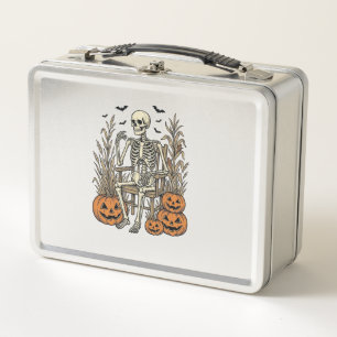 Vintage Skeleton and Pumpkins Halloween Shirt Desi Metal Lunch Box