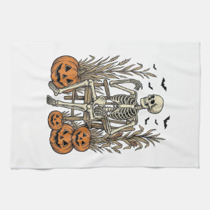 Vintage Skeleton and Pumpkins Halloween Shirt Desi Tea Towel