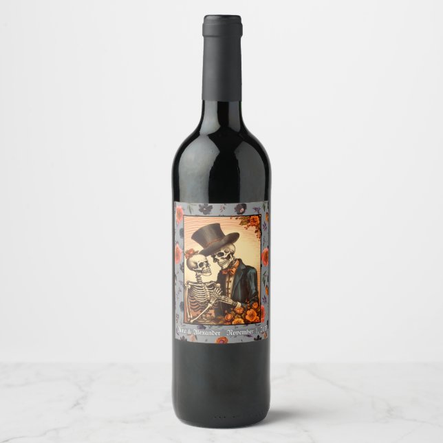 Vintage Skeleton Bride and Groom Hallowedding Wine Label (Front)