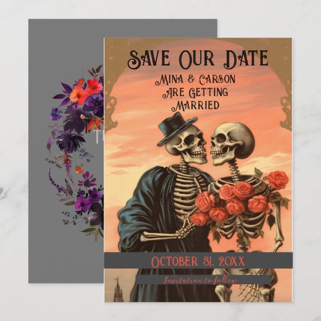 Vintage Skeleton Couple Goth Halloween   Save The Date (Front/Back)