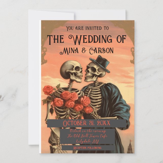 Vintage Skeleton Couple Goth Wedding Invitation (Front)
