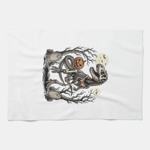 Vintage Skeleton Dinosaur Halloween Graveyard Desi Tea Towel