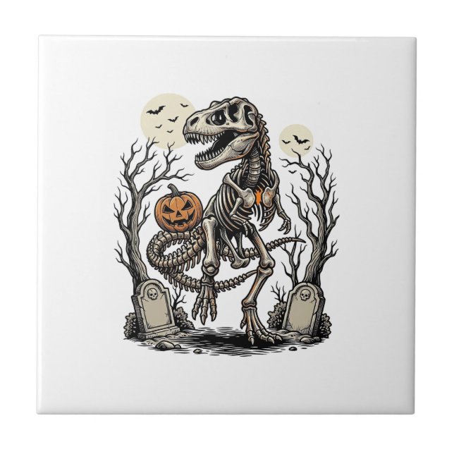 Vintage Skeleton Dinosaur Halloween Graveyard Desi Tile (Front)