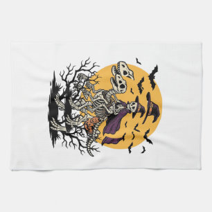 Vintage Skeleton Dinosaur Halloween Shirt Design_1 Tea Towel