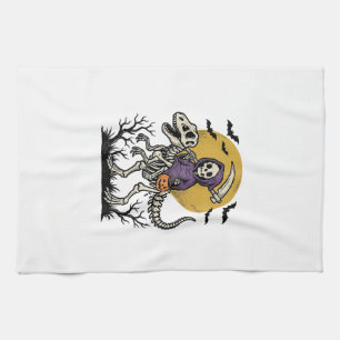 Vintage Skeleton Dinosaur Halloween Shirt Design ( Tea Towel