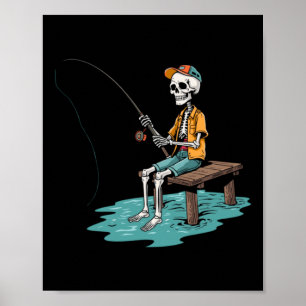Vintage Skeleton Fisherman Sitting On Dock Poster