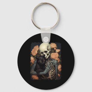 Vintage Skeleton Holding A Black Cat Halloween Got Key Ring