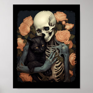 Vintage Skeleton Holding A Black Cat Halloween Got Poster
