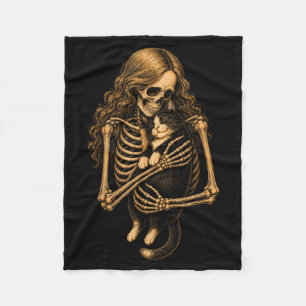 Vintage Skeleton Hugging Tuxedo Cat Halloween Cat Fleece Blanket