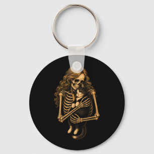 Vintage Skeleton Hugging Tuxedo Cat Halloween Cat Key Ring