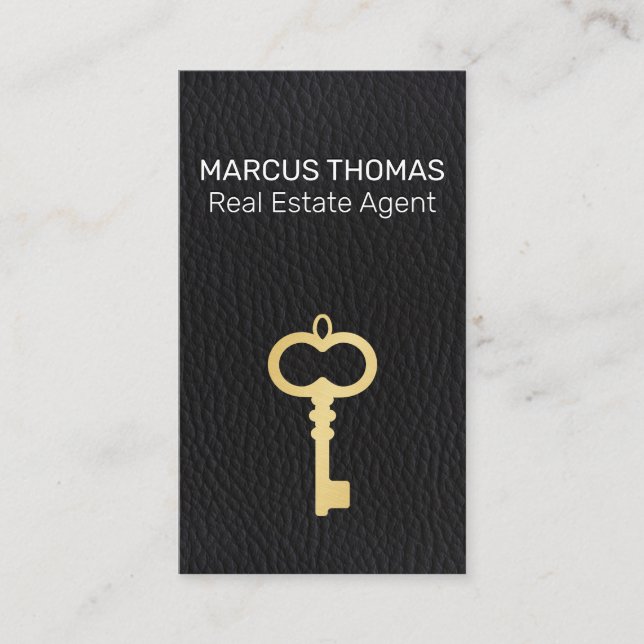 Vintage Skeleton Key | Black Leather Background Appointment Card (Front)