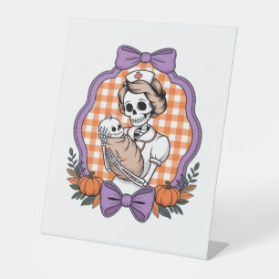 Vintage Skeleton Nurse and Baby � Cute Halloween R Pedestal Sign