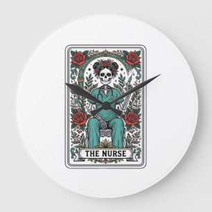 Vintage Skeleton Nurse Tarot Card Shirt Design_1 Large Clock