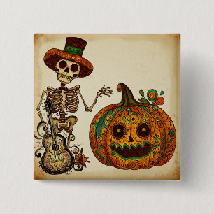 Vintage Skeleton/Pumpkin Day of the Dead 15 Cm Square Badge