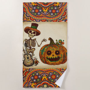 Vintage Skeleton/Pumpkin Day of the Dead Beach Towel