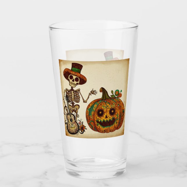 Vintage Skeleton/Pumpkin Day of the Dead Glass (Front)