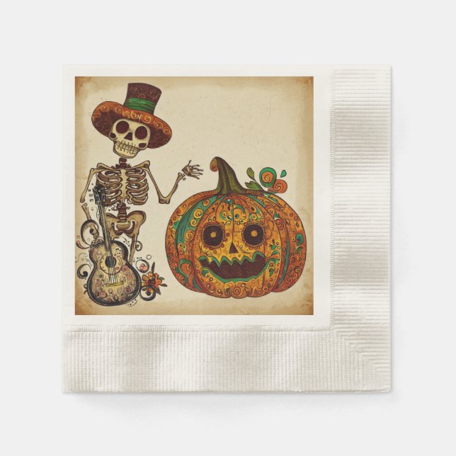 Vintage Skeleton/Pumpkin Day of the Dead Napkin (Front)