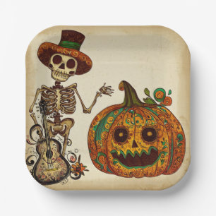 Vintage Skeleton/Pumpkin Day of the Dead Paper Plate