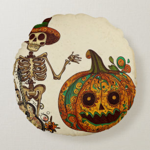 Vintage Skeleton/Pumpkin Day of the Dead Round Cushion