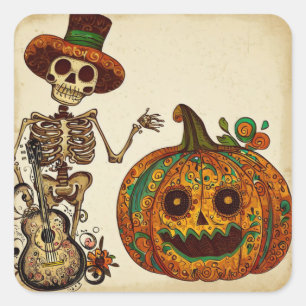 Vintage Skeleton/Pumpkin Day of the Dead Square Sticker