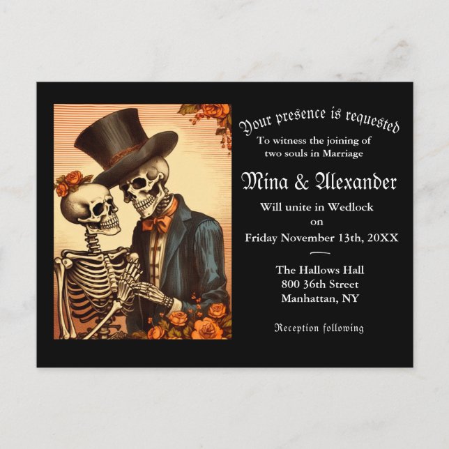 Vintage Skeleton QRC Wedding Invitation Postcard (Front)