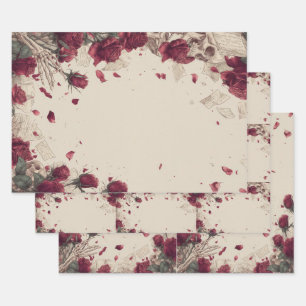 Vintage Skeleton Skull Love Red Rose Collage Wrapping Paper Sheet