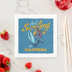 Vintage Skeleton Surfing California Beach Napkin
