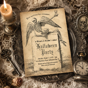 Vintage Skeleton Tombstone Gothic Halloween Party Invitation