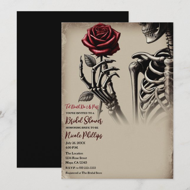 Vintage Skeleton with Red Rose Bridal Shower Invitation (Front/Back)
