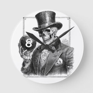 Vintage Skeleton with Top Hat and 8-Ball Round Clock
