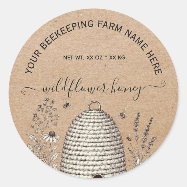 Vintage skep rustic kraft Honey Jar Labels (Front)