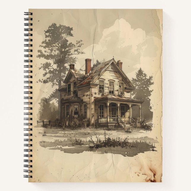 Vintage sketch House on Distressed Paper Notebook (Front)