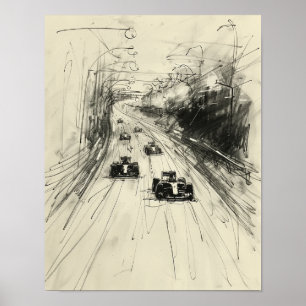 Vintage Sketch of Formula 1 Race on Track Poster