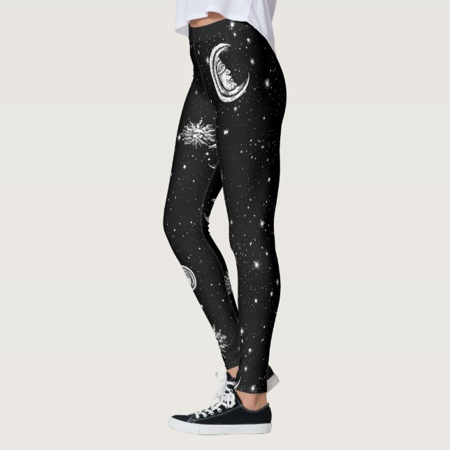 Vintage Sketch of Mystic Moon and Sun Leggings (Left)