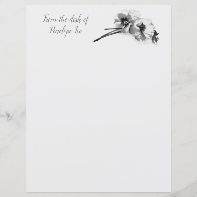 Vintage Sketch of Pansies with Name Writing Paper (Front)