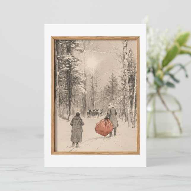 Vintage Sketch Santa with Reindeer  Invitation (Standing Front)
