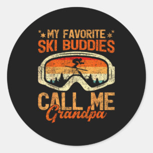 Vintage ski buddies call grandpa skiing father's classic round sticker