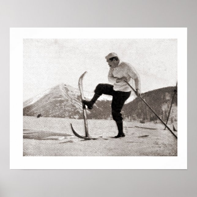 Vintage ski iamge, Wooden skis, single pole Poster (Front)