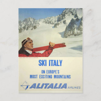 Vintage Ski Italy Alitalia Airlines Travel Postcard