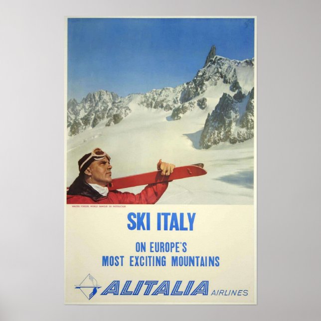 Vintage Ski Italy Alitalia Airlines Travel Poster (Front)