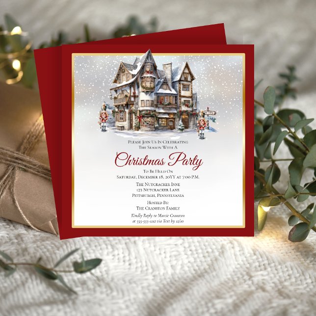 Vintage Ski Lodge and Nutcrackers Christmas Party Invitation (Vintage Look Ski Lodge and Nutcracker Soldiers Christmas Party Invitation)
