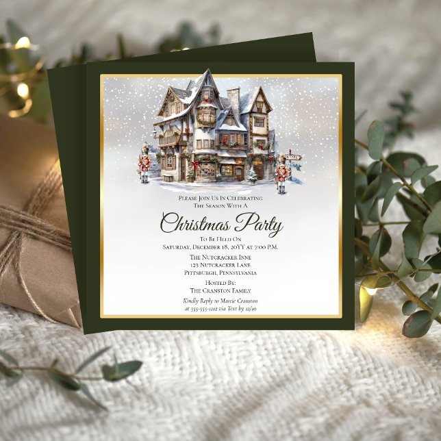 Vintage Ski Lodge and Nutcrackers Christmas Party Invitation (Vintage Look Ski Lodge and Nutcracker Soldiers Christmas Party Invitation)
