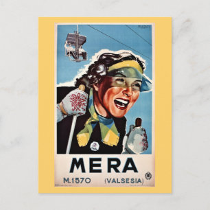 Vintage ski Mera Valsesia Italian travel poster Postcard