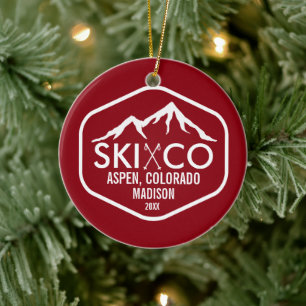 Vintage Ski Mountain Logo Aspen Colorado Custom Ceramic Tree Decoration