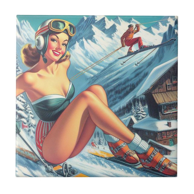 Vintage Ski Pin Up Tile (Front)