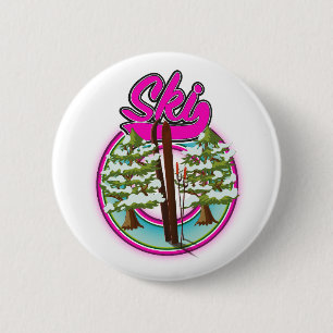 vintage ski pink logo 6 cm round badge