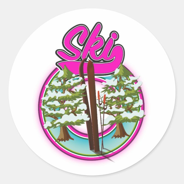 vintage ski pink logo classic round sticker (Front)