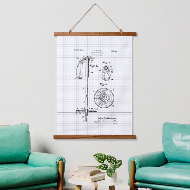 Vintage Ski Pole Patent Illustration Hanging Tapestry (Living Room)