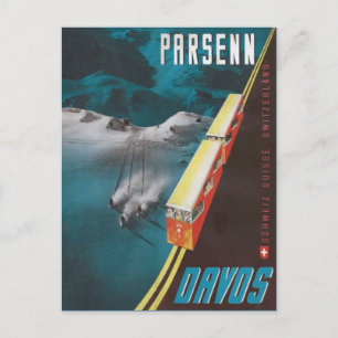 Vintage Ski Poster,  Davos Postcard